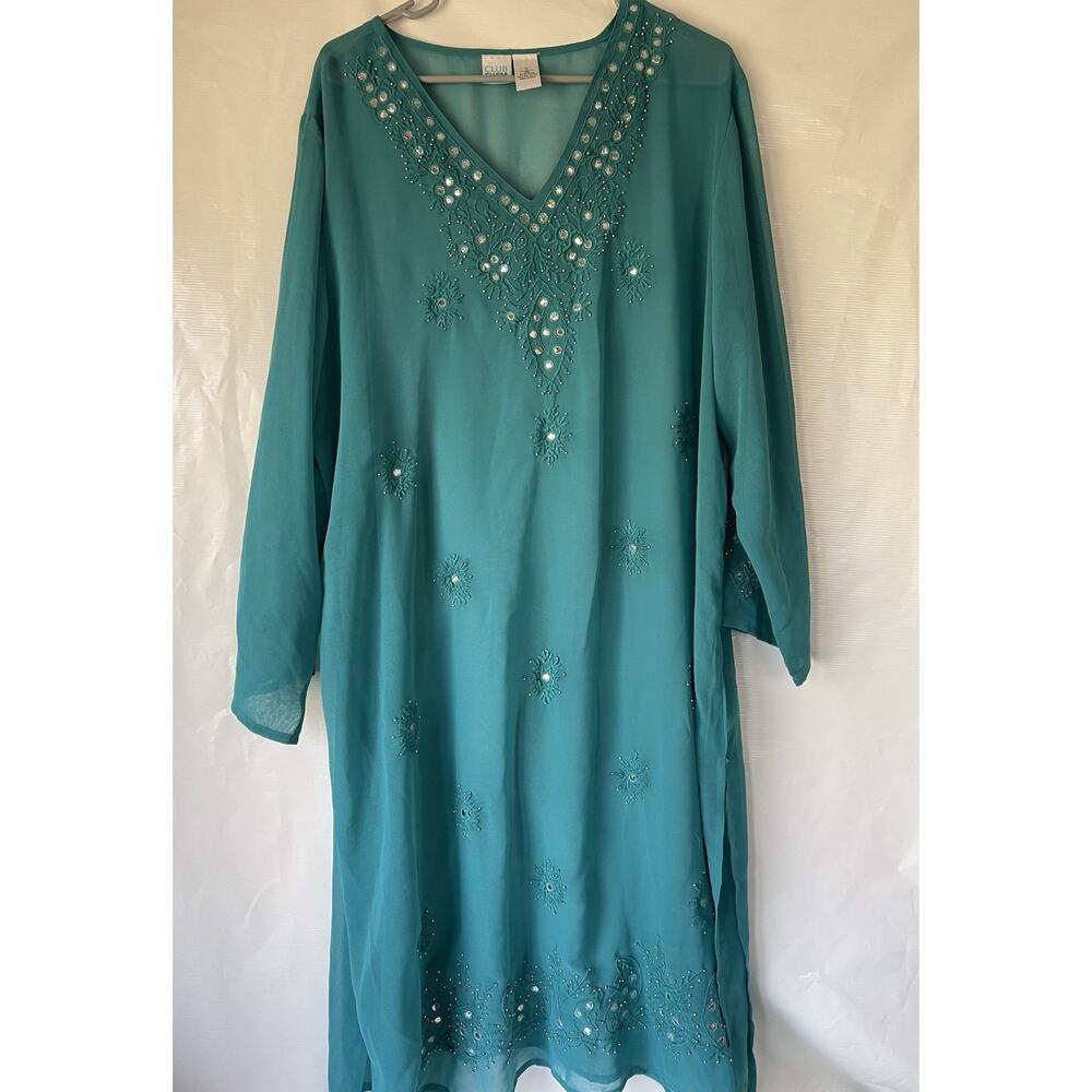 Club Swim Sheer Beach Pool Cruise Cover Up Beaded Teal XL 1X Boho Indie